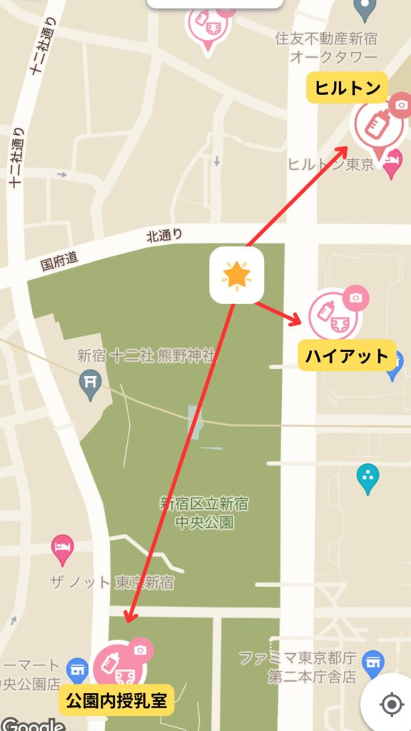 むさしの森Diner 新宿中央公園店周辺の授乳室マップ